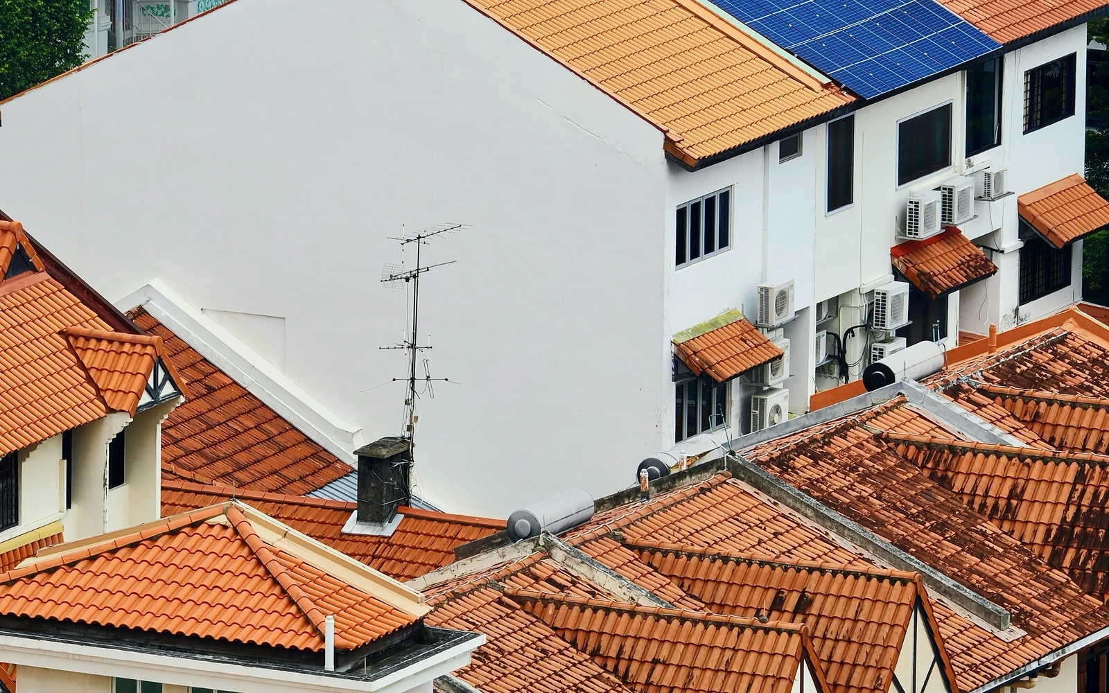 Toitures résidentielles dont l'une est équipée de panneaux solaires