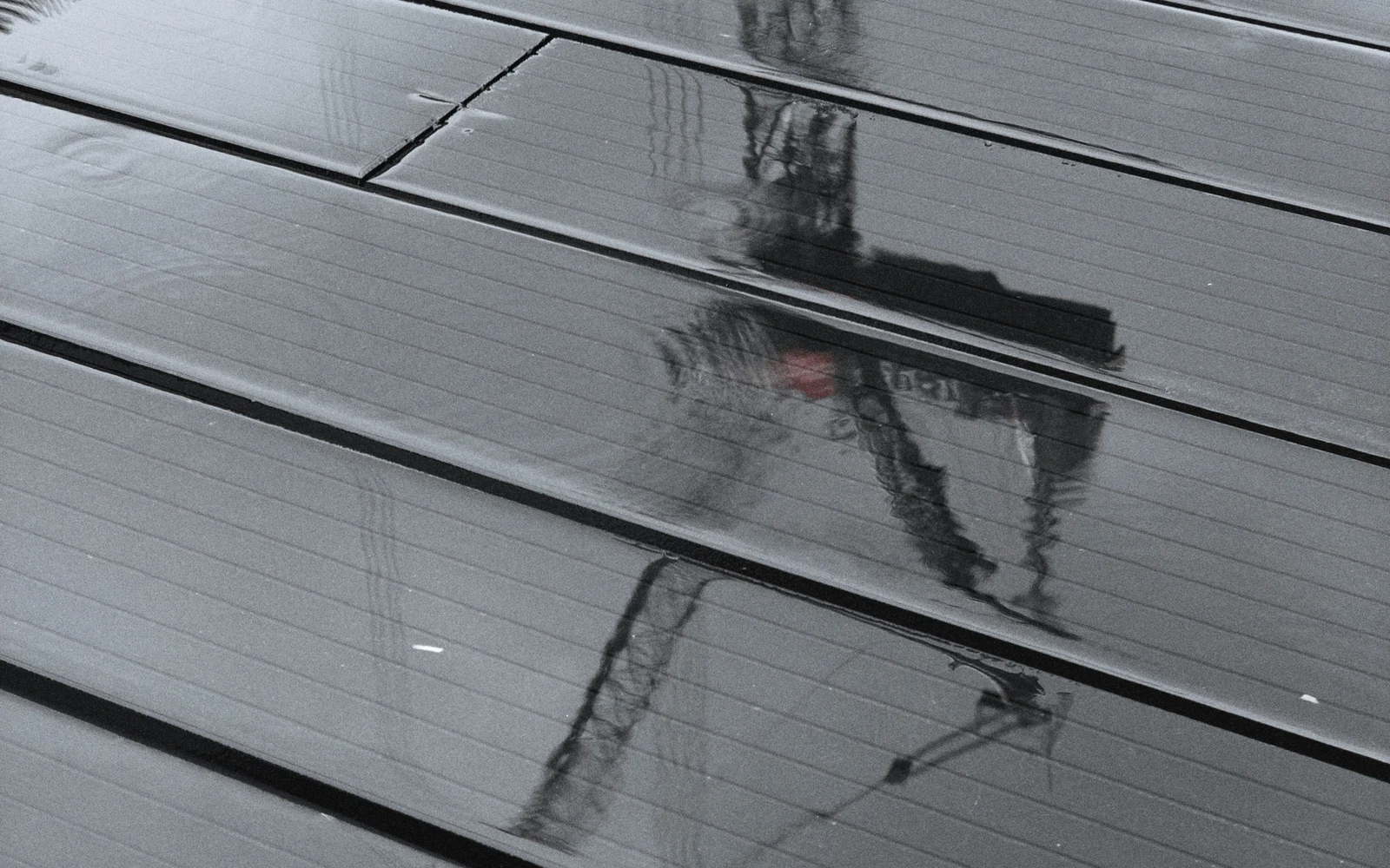 Surface de panneaux photovoltaïques humide avec reflets de pluie